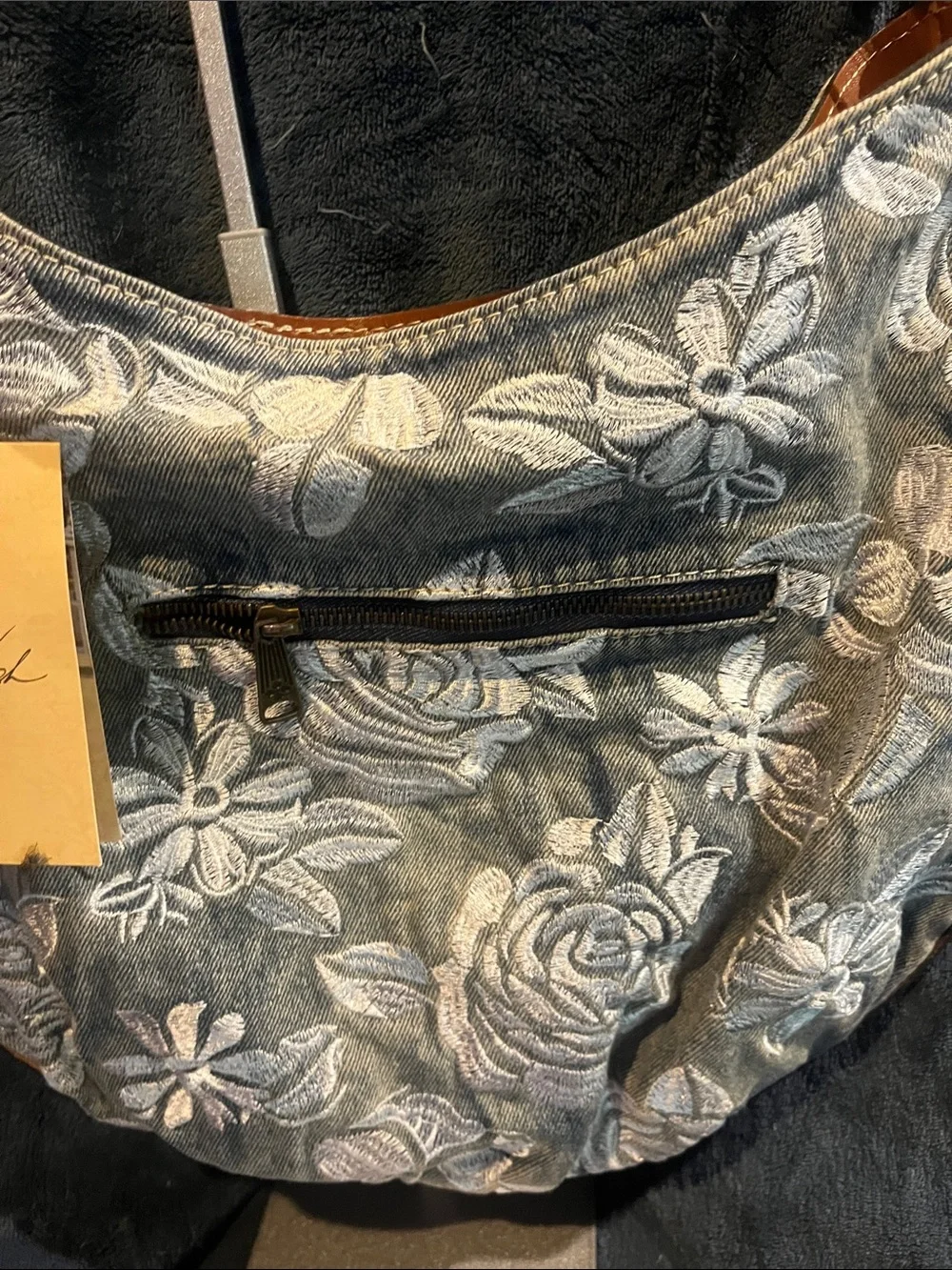 Patricia Nash Denim Floral Embroidered Bag with Brown Leather Strap